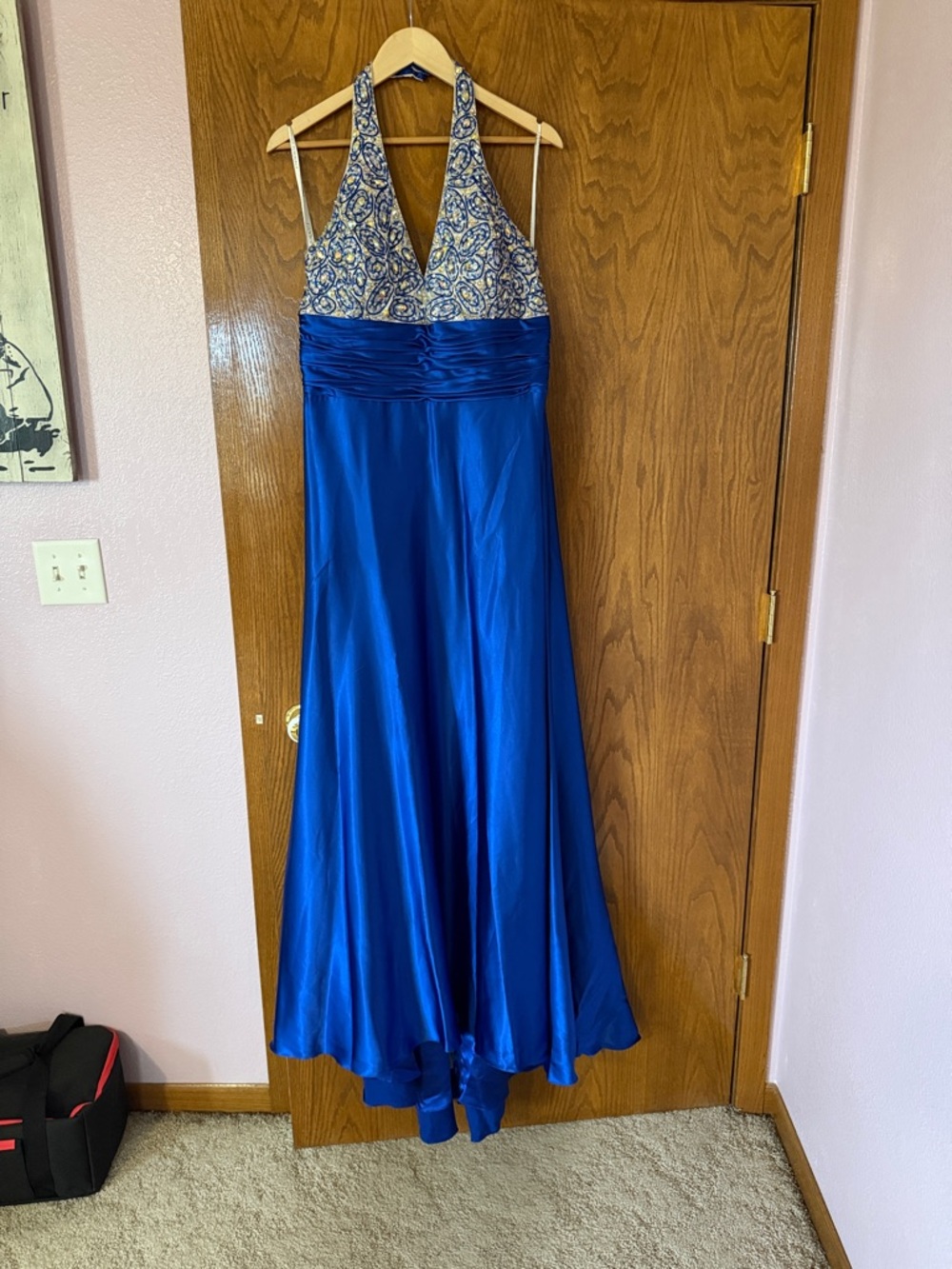 Precious Formals Royal Blue and Silver Embellished Halter Prom Dress